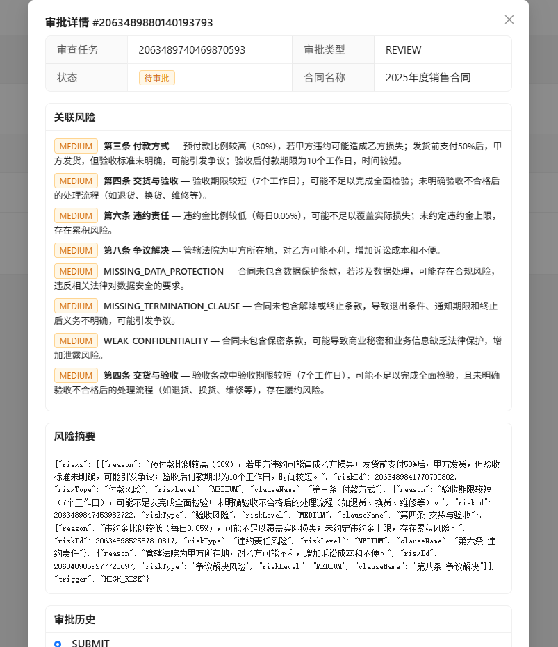 人工审批详情弹窗，展示关联风险、风险摘要和审批历史
